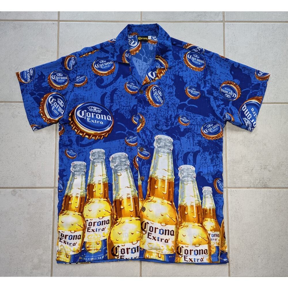 Corona Men's Large Shirt Blue Hawaiian All Over Print Beer Party Short Sleeve